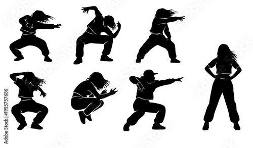 Hip hop dancer girls silhouettes vector street dance women set