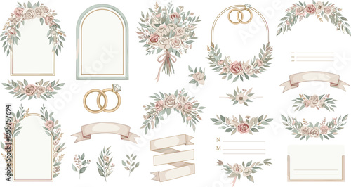 Elegant Wedding Invitation Floral Frame Collection Vector Illustration Featuring Rose Bouquets Rings Arches and Decorative Ribbon Elements Set
