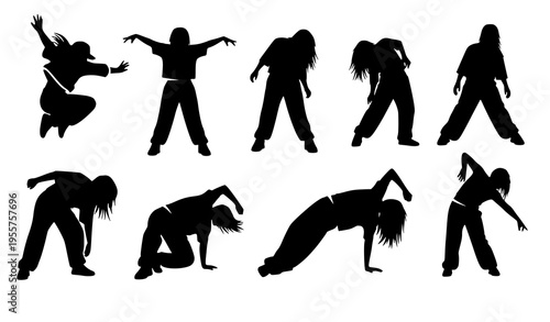 Female hip hop dance silhouettes vector urban dancer icon set