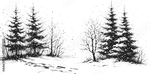 Line art sketch drawing of serene winter forest landscape. Snow-covered ground stretches across the scene, with footprints leading from the foreground toward the trees vector svg