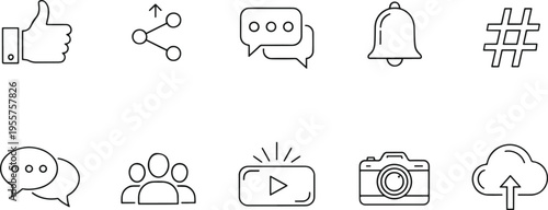 A set of simple black line icons for social media and communication