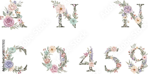 Floral Alphabet Letter Collection Vector Illustration Featuring Decorative Botanical Typography with Roses and Wildflowers Elegant Design Elements Set