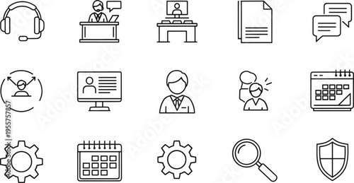 A collection of 14 black and white line icons related to business and communication