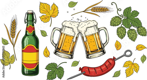 Oktoberfest Beer Festival Set with Lager Bottles, Clinking Mugs, Sausage Skewer, Hops, Wheat, and Autumn Leaves Illustration