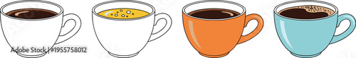 Set of Minimal Coffee and Tea Cups with Hot Beverage Variations Isolated on White Background for Cafe Design