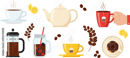 Tea and Coffee Drink Collection with Cups, Teapot, French Press, Berries Jar, and Breakfast Beverage Elements