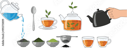 Tea preparation process with teapots cups leaves strainer and pouring water step by step beverage vector illustration set