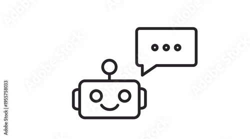 Chatbot assistant icon with smiling robot and speech bubble, artificial intelligence customer support service and online chat messenger symbol in black line style.