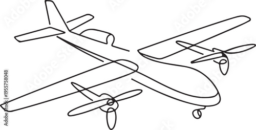Classic propeller aircraft line art illustration depicting a vintage four-engine plane for aviation and transportation themes