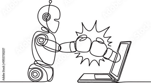 Conceptual illustration of an AI robot in boxing gloves vigorously confronting a laptop, symbolizing technological challenges and digital struggle