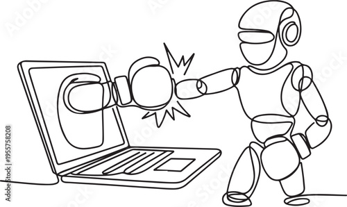 Dynamic AI robot punches through laptop screen, symbolizing digital confrontation and the powerful impact of advanced technology