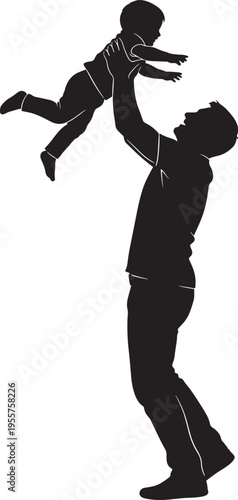 Father Throwing Baby Child in Air Playfully Silhouette - A Dynamic Vector Illustration of Paternal Joy and Childhood Laughter, Symbolizing Strong Family Bonds and Playful Moments