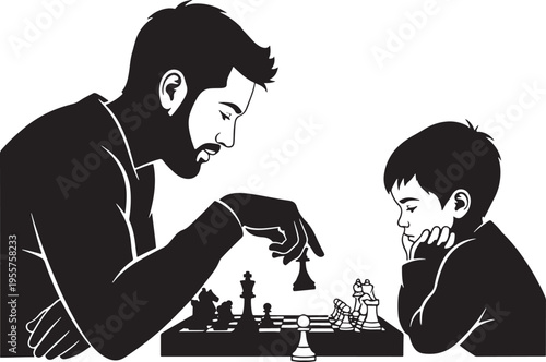 Father and Son Playing Chess Silhouette - An Intellectual Vector Illustration of Strategic Thinking and Paternal Mentorship, Showcasing a Focused Learning Moment and Family Engagement