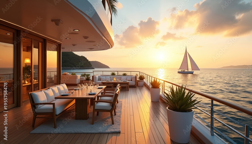 Fototapeta premium Luxurious yacht deck with outdoor dining area at sunset. Guests enjoy calm sea view with sailboat passing by. Island hills in background warm sky colors.