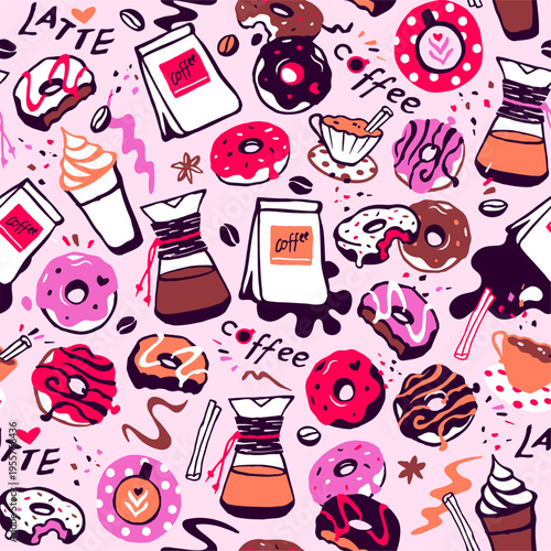 Coffee and Donut Girly seamless pattern