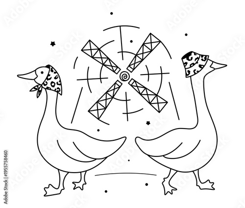 Two stylish geese in leopard print kerchief and hat, against a windmill. Black and white. Colored page illustration. Isolated on white. Editable stroke
