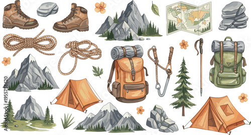 Mountain Hiking Adventure Collection Vector Illustration Featuring Backpack Tent Boots Rope Map and Outdoor Nature Exploration Elements Set