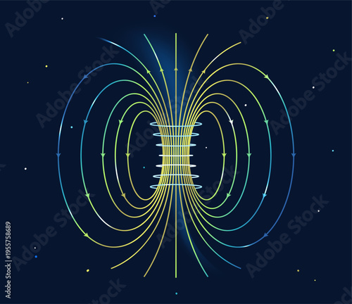 Electromagnetic Field or Magnetic Force on Dark Space Background.  Energy Flow Physics Concept