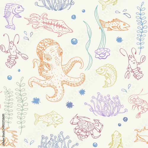 Ocean animals seamless pattern. Octopus, fish, squid, crab, shrimp, oyster, urchin, mollusk, seashell, crawfish, coral, seaweed and water bubbles. Inked sketch in retro style