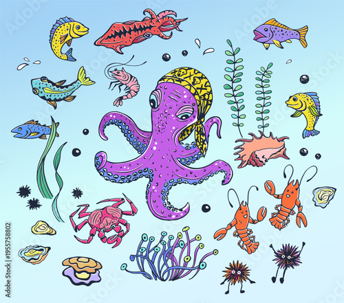 Ocean creatures set including octopus, crawfish, shrimp, squid, crab, seashell, oyster, urchin, mollusk, fish, coral, sea plants, water bubbles 