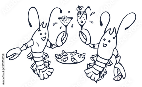 Two cheerful crawfishes drinking cocktails. Inked sketchy style. Black and white. Colored page illustration.