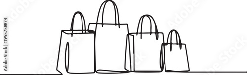 Abstract continuous line drawing of shopping bags in different sizes, representing consumerism and retail with a minimalist aesthetic