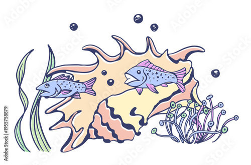 Underwater scene with tropical fishes swimming around seashell, coral and sea plants. Inked sketchy style illustration isolated on white