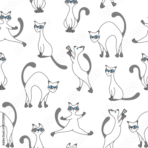 Siamese Cats seamless pattern in linear style. . Black and white background. Colored page illustration.