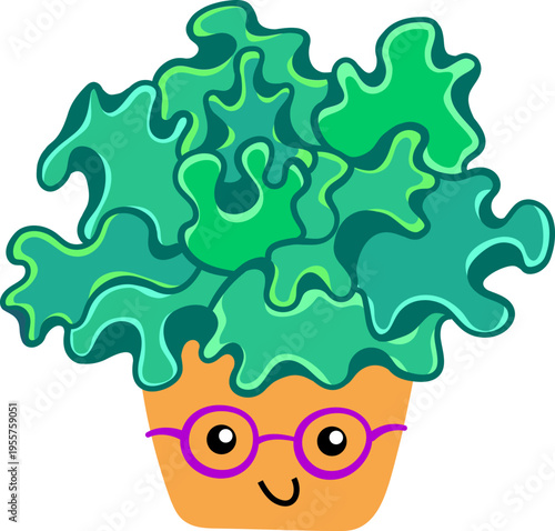 Succulent with a cute face in glasses on its terracotta pot. Smiling Mascot Logo isolated on white