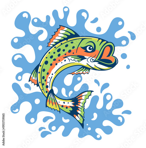Rainbow Trout in Mid-Leap with its mouth open wide against Water Splash background 