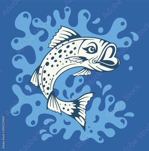 Trout Leaping out of Water Splash. Cutout illustration in blue and white