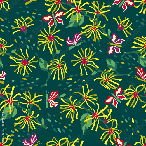 Witch Hazel and Butterflies seamless pattern. Hamamelis Tree Branches background illustration