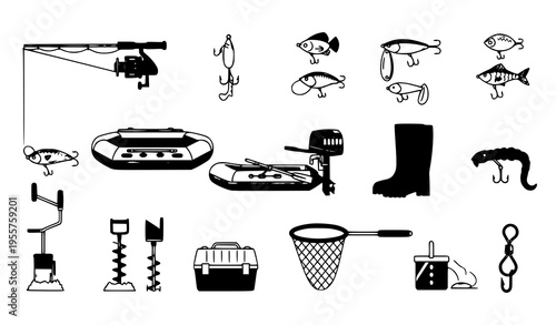Fishing Vector Icon Pack – Rod, Reel, Boat, Net, Tackle, and Winter Gear