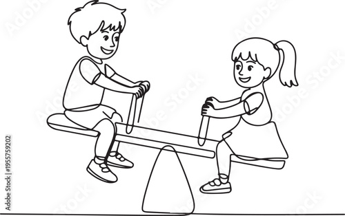 Two smiling children having fun on a seesaw in a park, enjoying a playful outdoor activity together