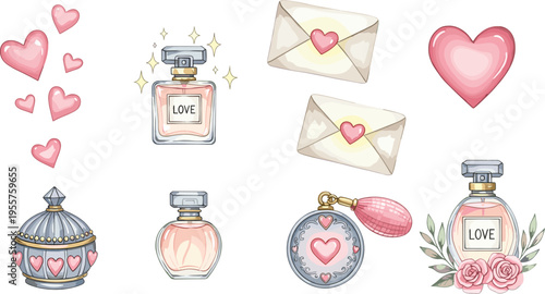 Romantic Love Elements Collection Vector Illustration Featuring Perfume Bottle Heart Envelope and Elegant Valentine Decorative Set in Soft Style