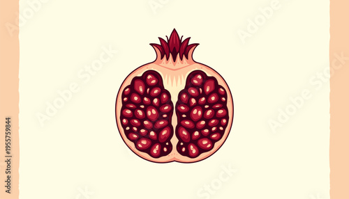 Detailed vector illustration of a halved pomegranate showcasing its juicy seeds and crown. Perfect for graphic design projects, food branding, or decorative elements.