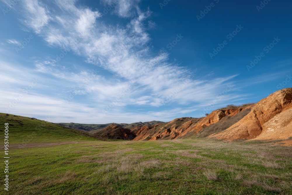 Obraz premium Green valley with orange cliffs under sweeping clouds and brilliant blue sky across an expansive grassland panorama