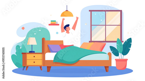 Happy man waking up and stretching on bed in bedroom, morning routine flat colorful vector illustration