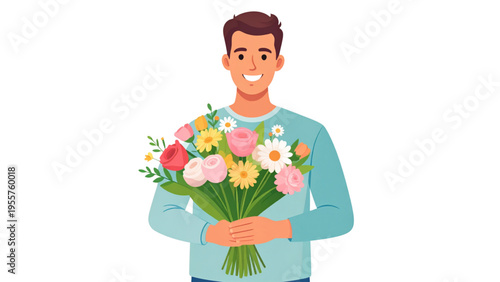 Happy March 8 International Women’s Day, handsome man giving bouquet of flowers, flat colorful vector illustration
