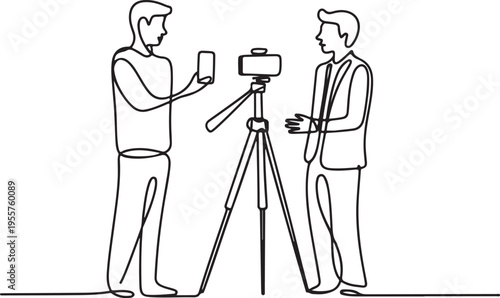 Dynamic continuous line art of a content creator capturing an interview with a mobile device on a tripod, symbolizing modern media production