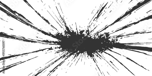 A dirty black ink splat grunge background features a vector paint splatter texture with liquid drips and spray stains forming a silhouette blob element for art design
