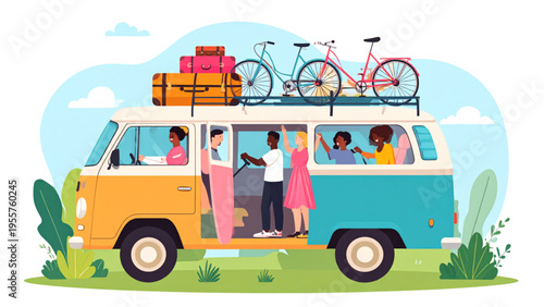 Happy family traveling in touring van with luggage and bicycles, flat colorful vector illustration of road trip vacation