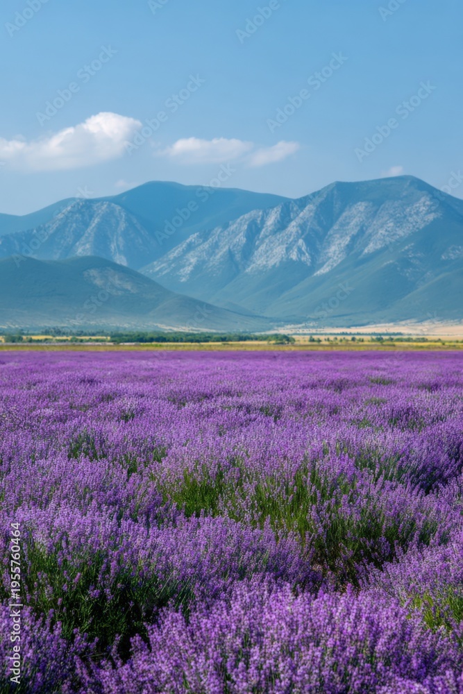 Fototapeta premium Lavender field and purple landscape with distant mountains under blue sky, expansive floral meadow and serene rural scenery