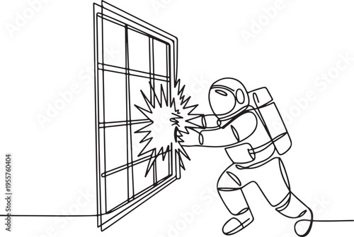 Continuous line illustration showing an astronaut dramatically breaking through a window, symbolizing overcoming obstacles and innovative change