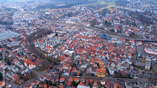 Aerial view of the old town city Aalen in south Germany . On a cloudy day in autumn. 