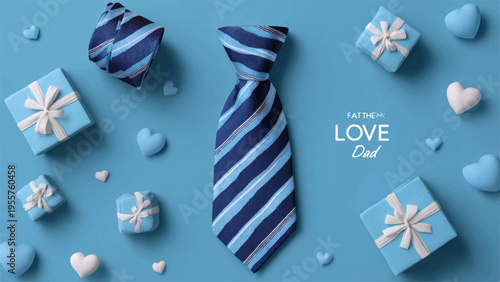 Blue striped necktie with gifts and hearts on light blue background for valentine's day