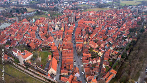 Aerial view of the old town city Dinkelsbühl in south Germany, Bavaria . On a cloudy day in autumn. 