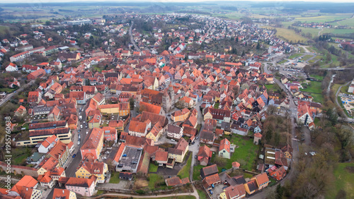 Aerial view of the old town city Feuchtwangen in south Germany, Bavaria . On a cloudy day in autumn. 