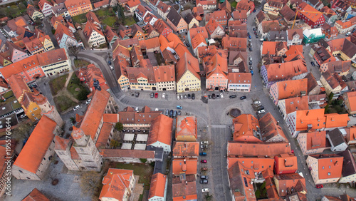 Aerial view of the old town city Feuchtwangen in south Germany, Bavaria . On a cloudy day in autumn. 