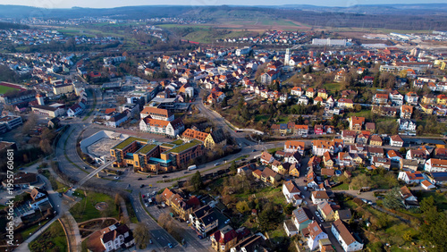 Aerial view of the old town city Mühlacker 75417 in south Germany . On a cloudy day in autumn. 